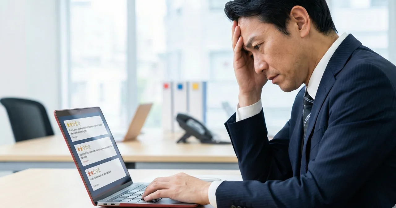 悪い口コミに悩む経営者のイメージ